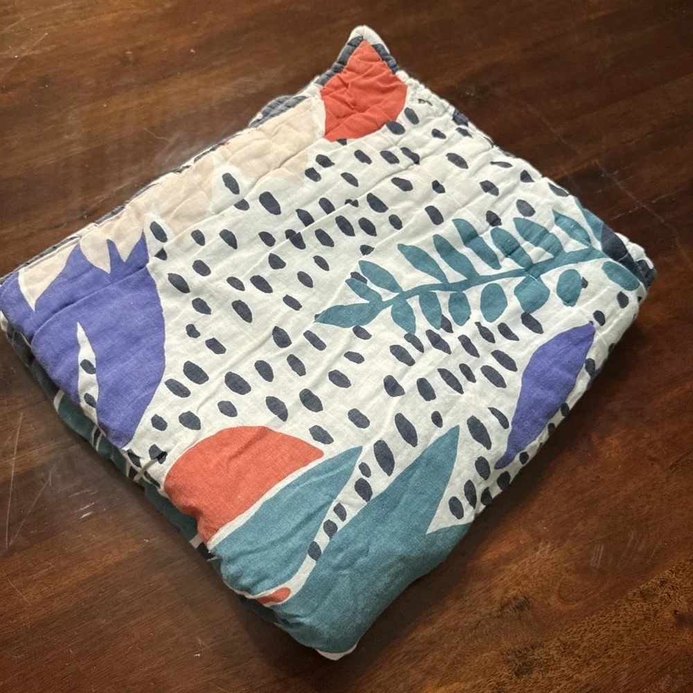 Anthropologie Pillow Sham EURO Quilted Melbourne Tropical Print Blue AS IS